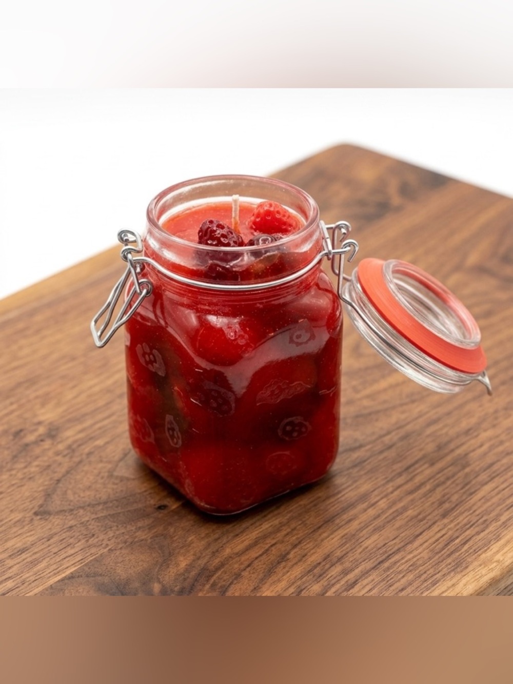 Red Strawberry Jar Candle in Glass Clip-Top Jar